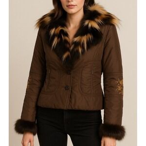 Anna Kel Fox Fur Trim Jacket Brown Embroidered Luxury Jacket Vintage Chic MEDIUM